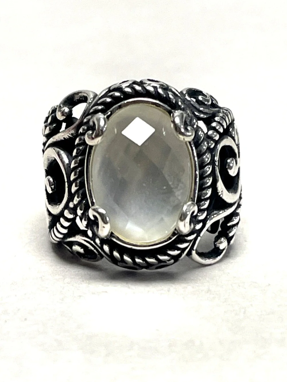Carolyn Pollack 925 Sterling Silver Faceted Clear Stone Ring Size 7 Ornate